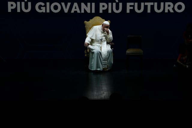 <p>Pope Francis gestures as he sits during an annual gathering of pro-family organisations at the Auditorium della Conciliazione, in Rome, Friday, May 10, 2024</p>