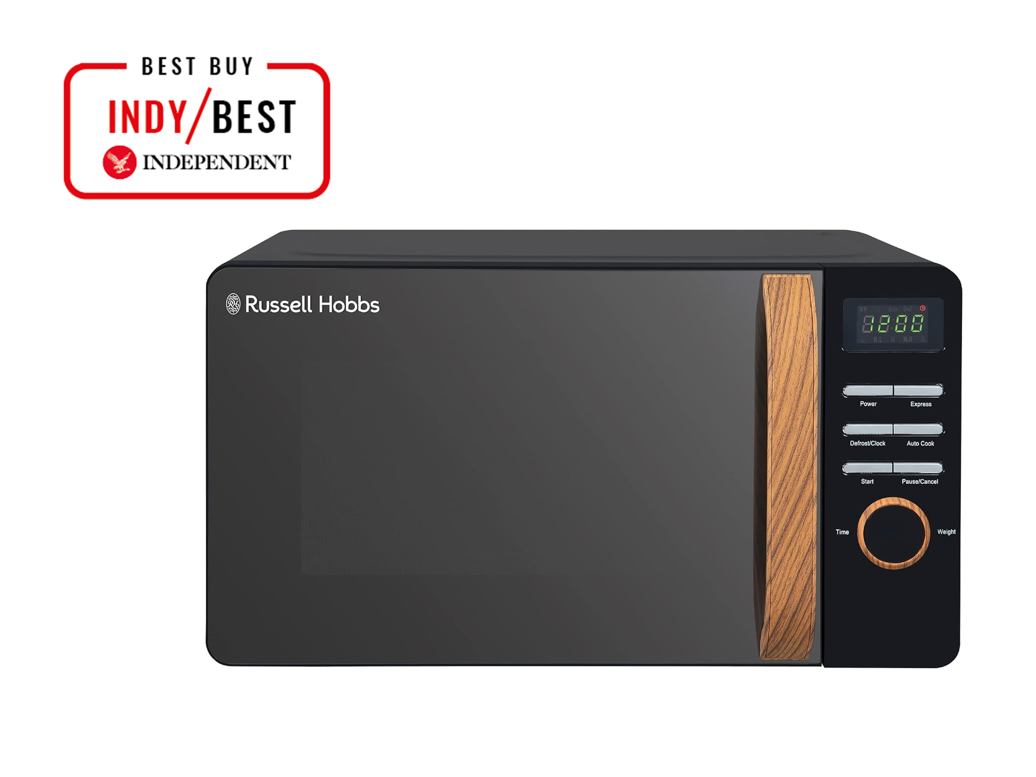 Russell Hobbs Scandi black digital microwave with wood effect logo