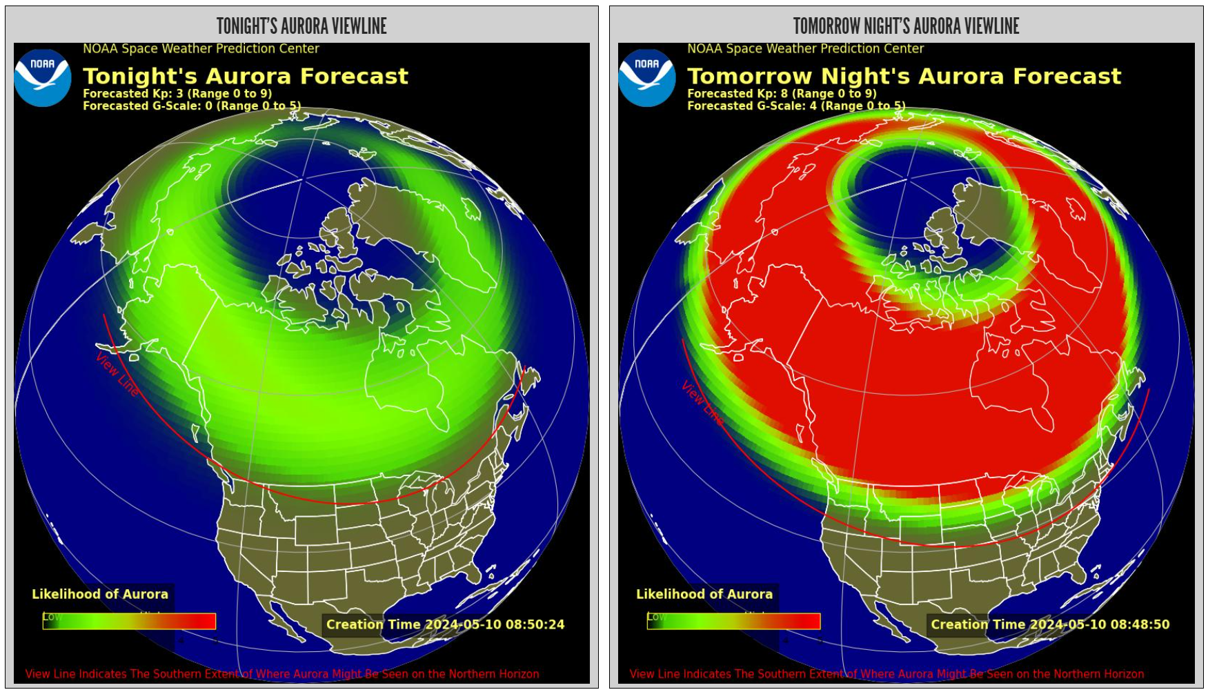 Aurora forecast for 10-11 May 2024, from NOAA’s Space Weather Prediction Center