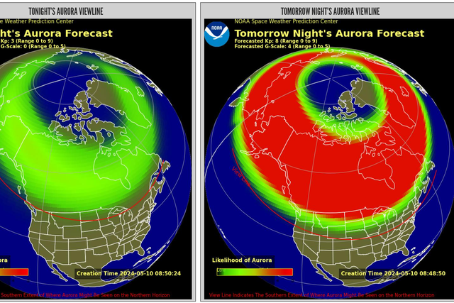 <p>Aurora forecast for 10-11 May 2024, from NOAA’s Space Weather Prediction Center</p>