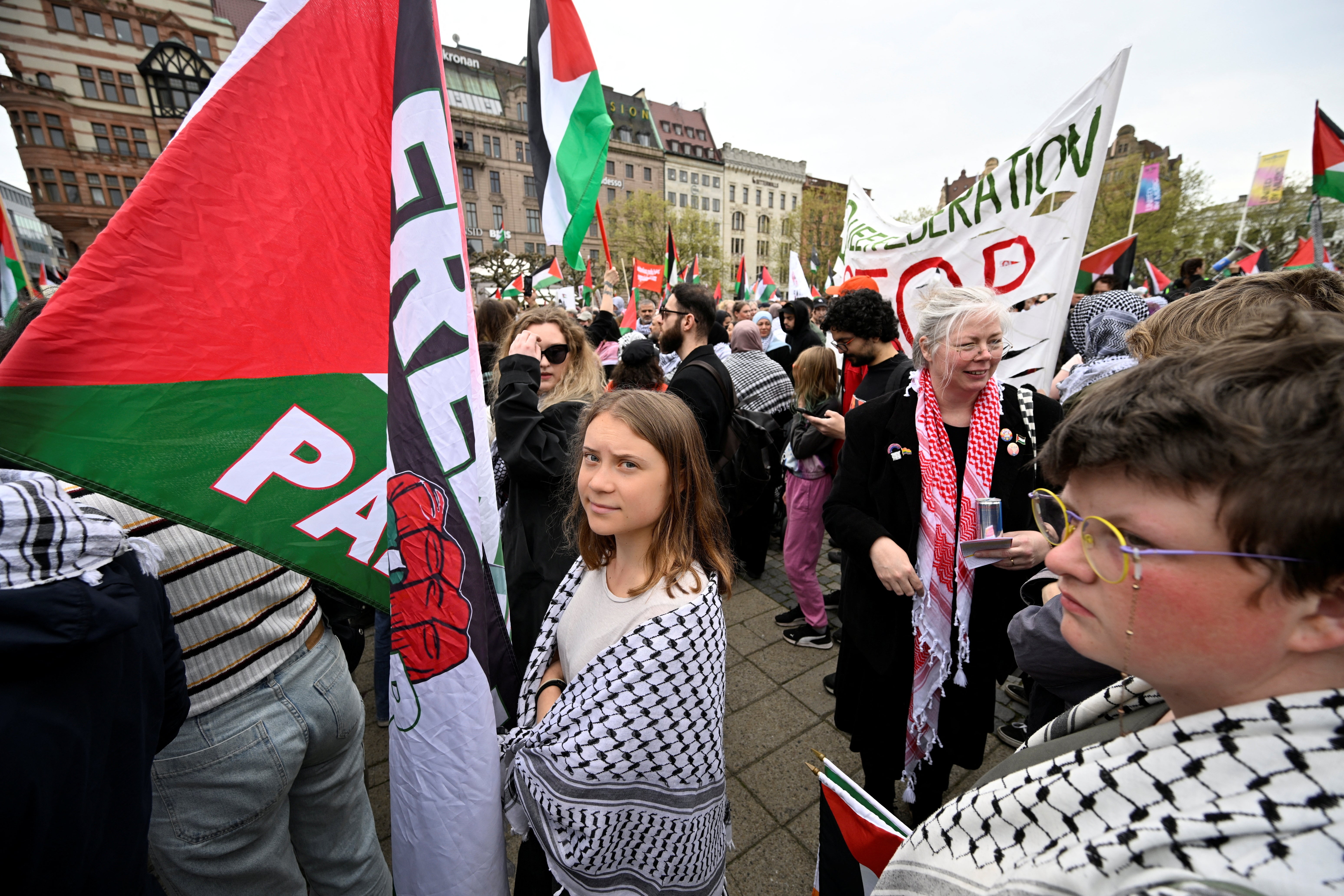 Climate activist Greta Thunberg takes part in the Stop Israel demonstration against Israel's participation in the 68th edition of the Eurovision Song Contest