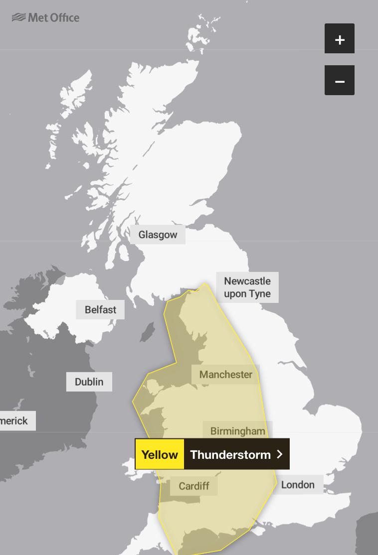 Map showing the location of the thunderstorm weather warning on Sunday