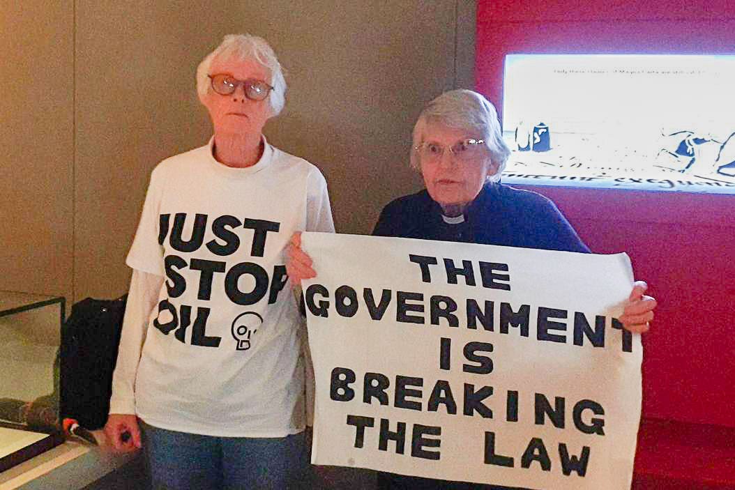 Judy Bruce, 85, (left) and Reverend Sue Parfitt, 82, targeted Magna Carta at the British Library (Just Stop Oil/PA)