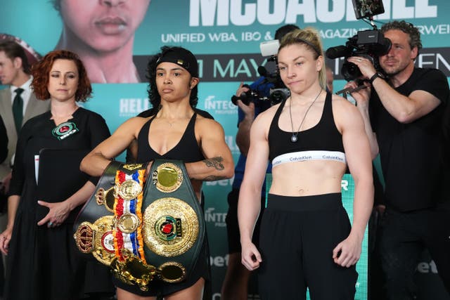 Jessica McCaskill (left) puts her world title belts on show before her Cardiff showdown with Lauren Price (Bradley Collyer/PA)
