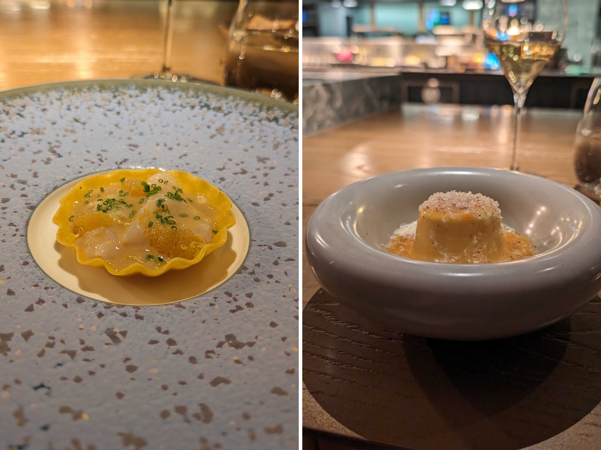 The starters begin with a curry-flavoured scallop tartlet and a light-as-air comte cheese souffle