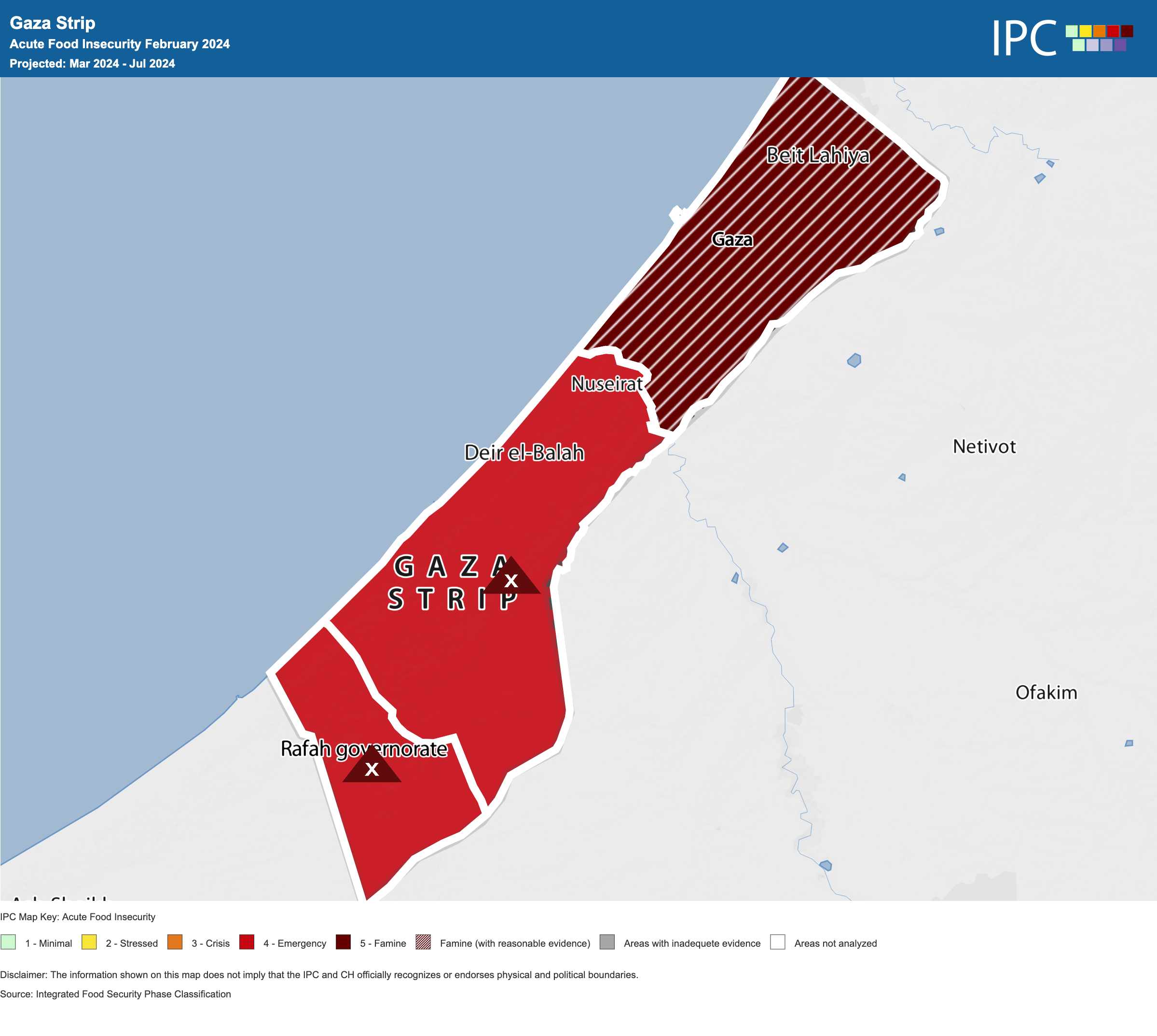 The last IPC report on Acute Food Insecurity for Gaza included this projection for the period 16 March - 15 July 2024. The dark red shows the area projected to experience famine. The lighter red shows areas experiencing an “emergency” level of food insecurity and at risk of famine
