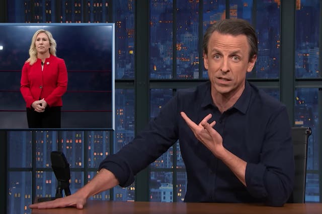 <p>Seth Meyers mocked Marjorie Taylor Greene using a ‘backhanded compliment’ from a Donald Trump rally</p>