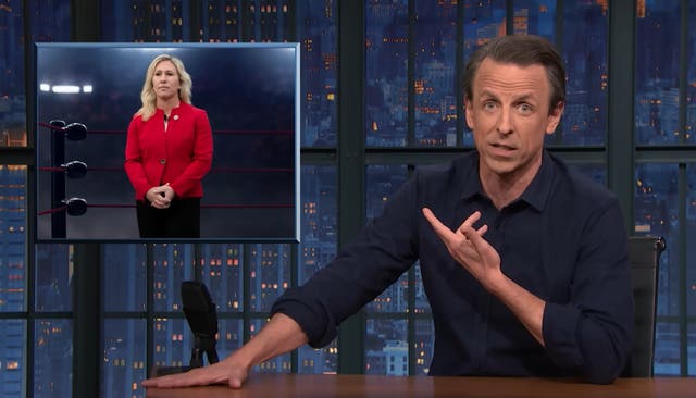 <p>Seth Meyers mocked Marjorie Taylor Greene using a ‘backhanded compliment’ from a Donald Trump rally</p>
