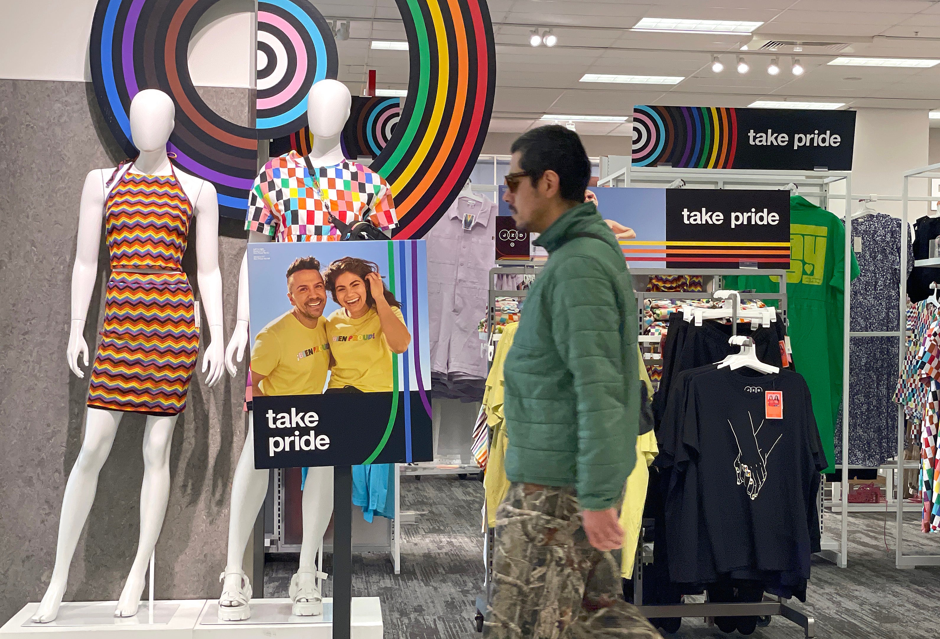 A customer walks by a Pride Month merchandise display at a Target store in San Francisco, California in 2023