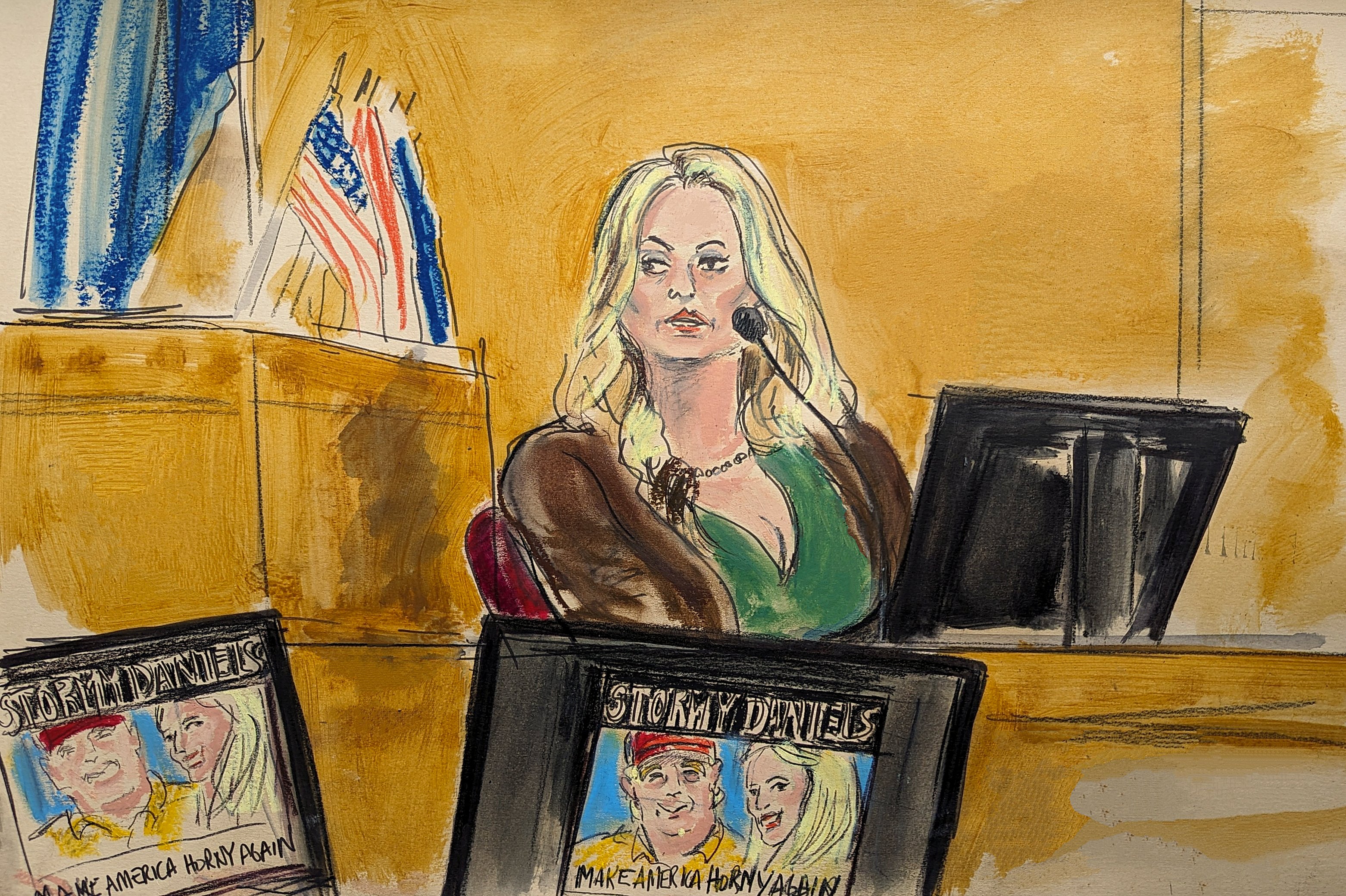 A courtroom sketch of Stormy Daniels testifying in Donald Trump’s hush money trial. She told the court details of their alleged 2006 affair last week