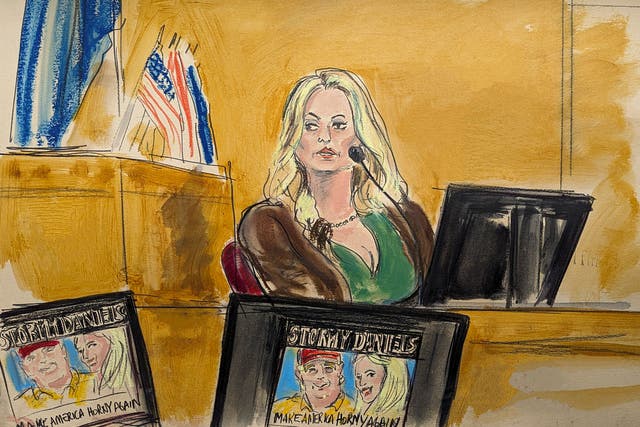 <p>A courtroom sketch depicts Stormy Daniels testifying in Donald Trump’s criminal trial in Manhattan on 9 May. </p>
