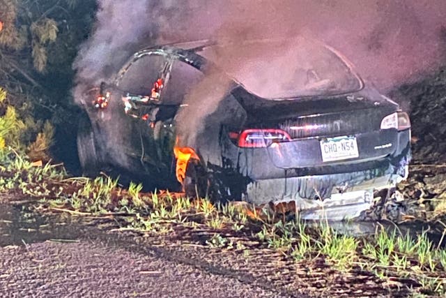 <p>This image provided by Colorado State Patrol shows a Tesla Model 3 that crashed on May 16, 2022 in Clear Creek County, Colorado </p>