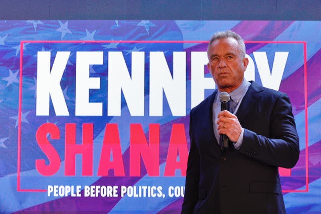 <p>RFK Jr, pictured at a campaign event on May 1, complained that Joe Biden and Donald Trump were ‘colluding’ to keep him out of this year’s presidential debates </p>