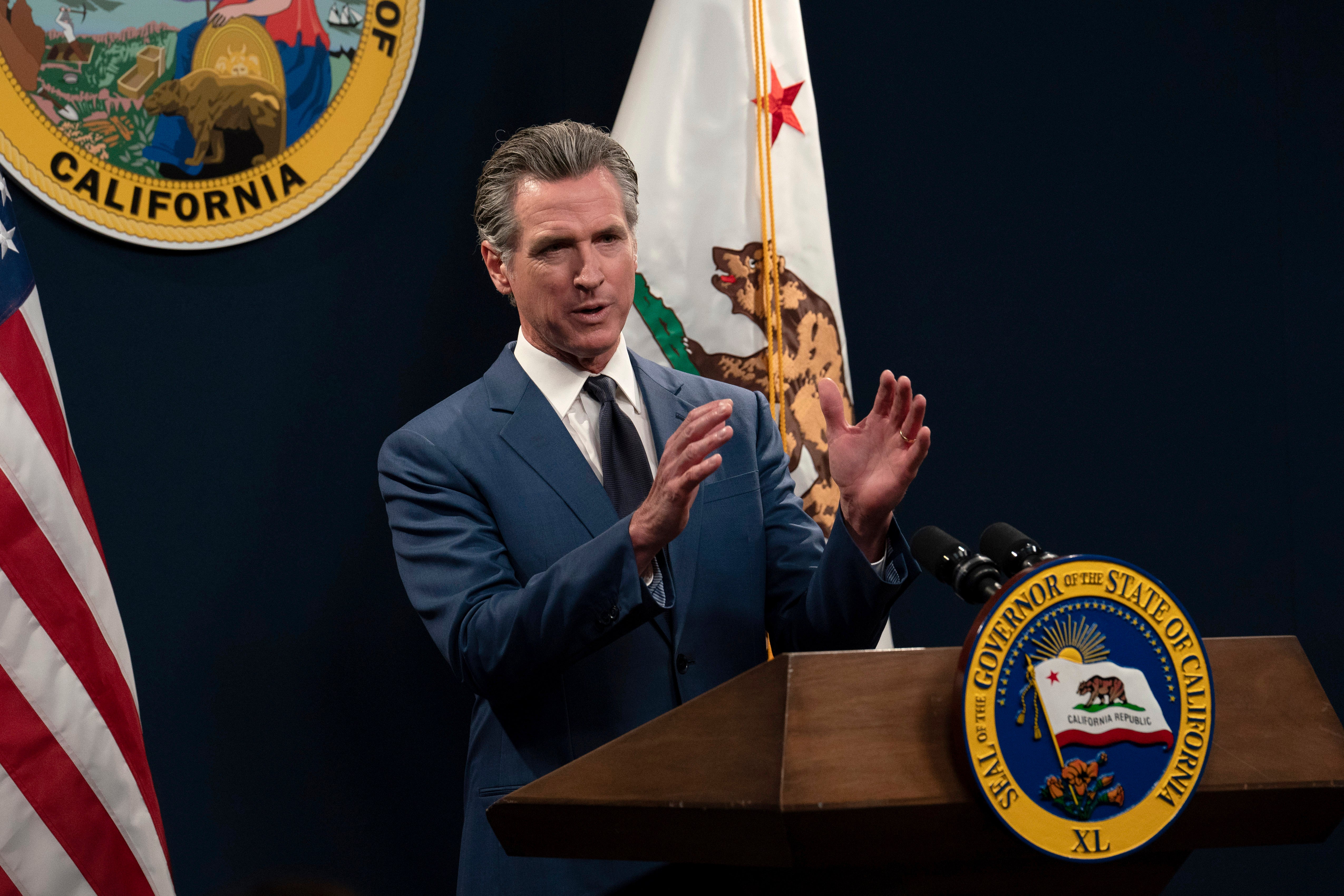 California’s governor Gavin Newsom unveils his revised 2024-25 state budget during a news conference in Sacramento on 10 May