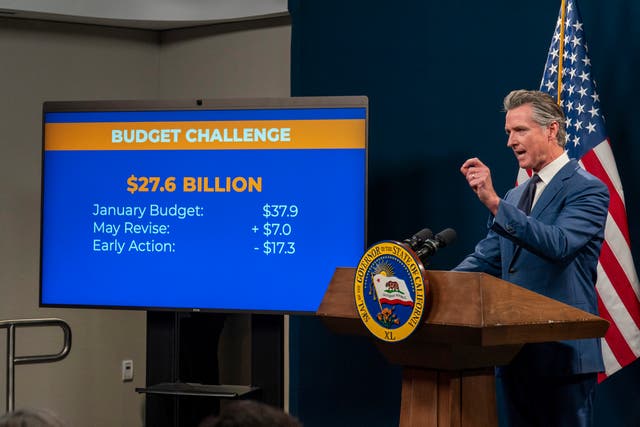 <p>Gavin Newsom, governor of California, unveils his revised 2024-25 state budget during a news conference in Sacramento on 10 May</p>