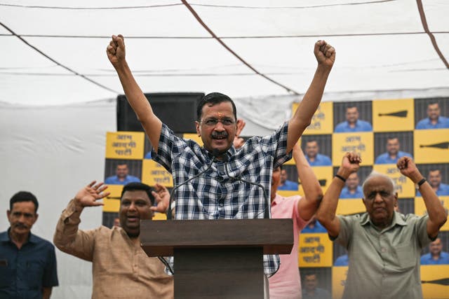 <p>Aam Aadmi Party (AAP) leader and chief minister of Delhi, Arvind Kejriwal gestures as he speaks during a press conference at the party headquarters in New Delhi on 11 May 2024, a day after his release on bail by India’s top court</p>