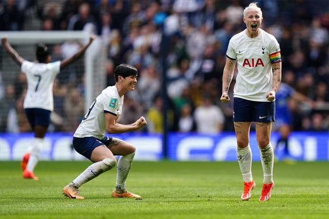 Ashleigh Neville, left, celebrates with Bethany England after Tottenham beat Leicester to progress into a maiden Women’s FA Cup final (Zac Goodwin/PA)