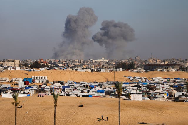 <p>Smoke rises following an Israeli airstrike east of Rafah in the Gaza Strip (Ismael Abu Dayyah/AP)</p>