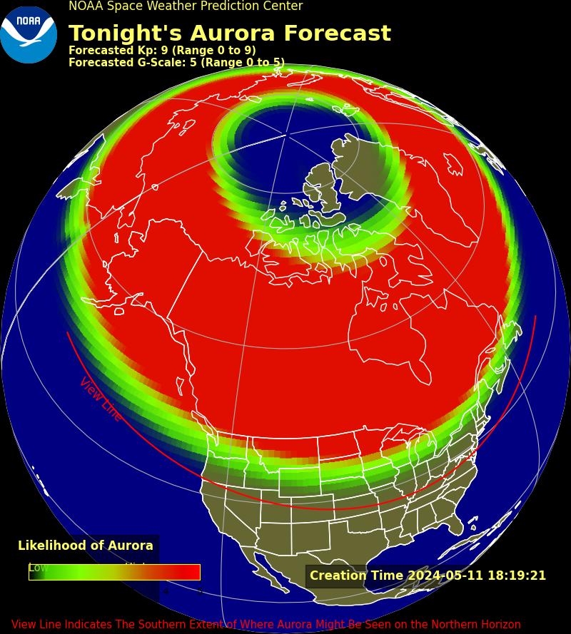 Aurora forecast in the northern US on May 11 2024, from NOAA’s Space Weather Prediction Center