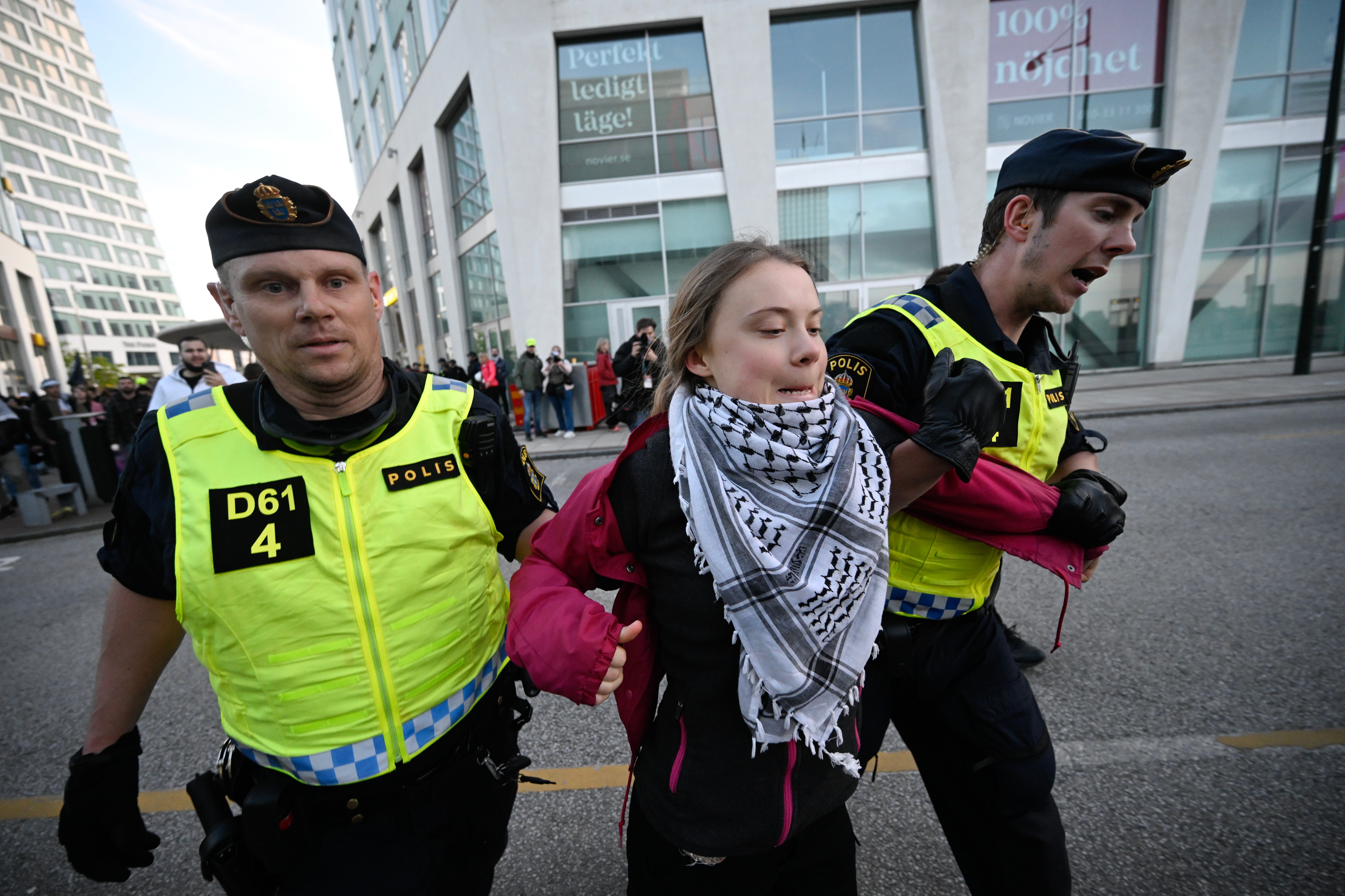 Greta Thunberg being removed from outside the Malmo Arena by Swedish police