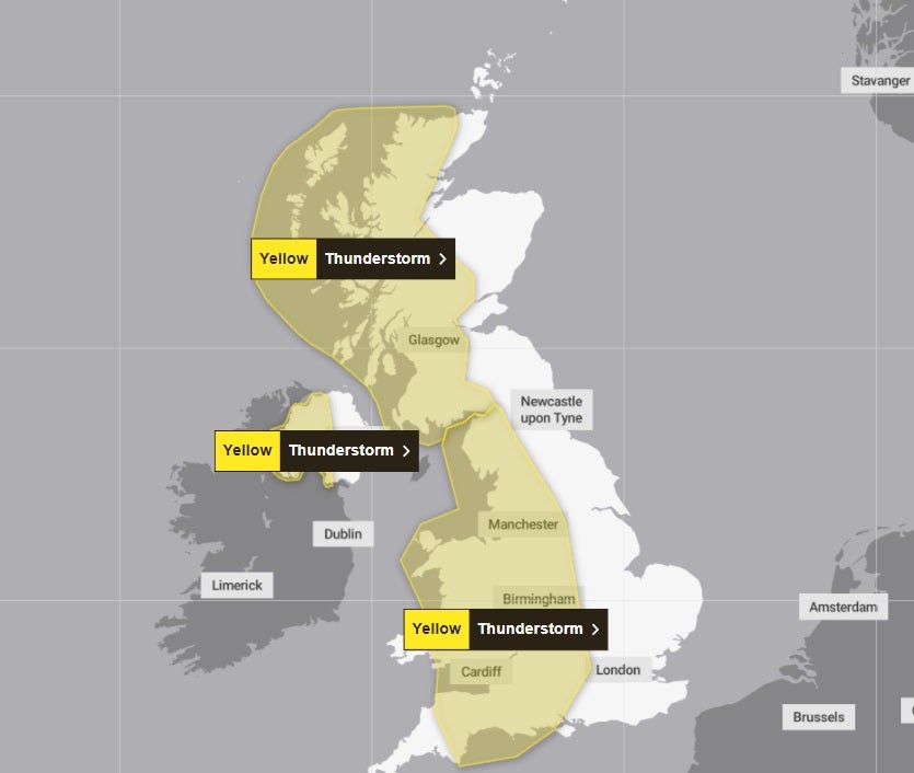 The Met Office has issued three yellow warnings for thunderstorms on Sunday
