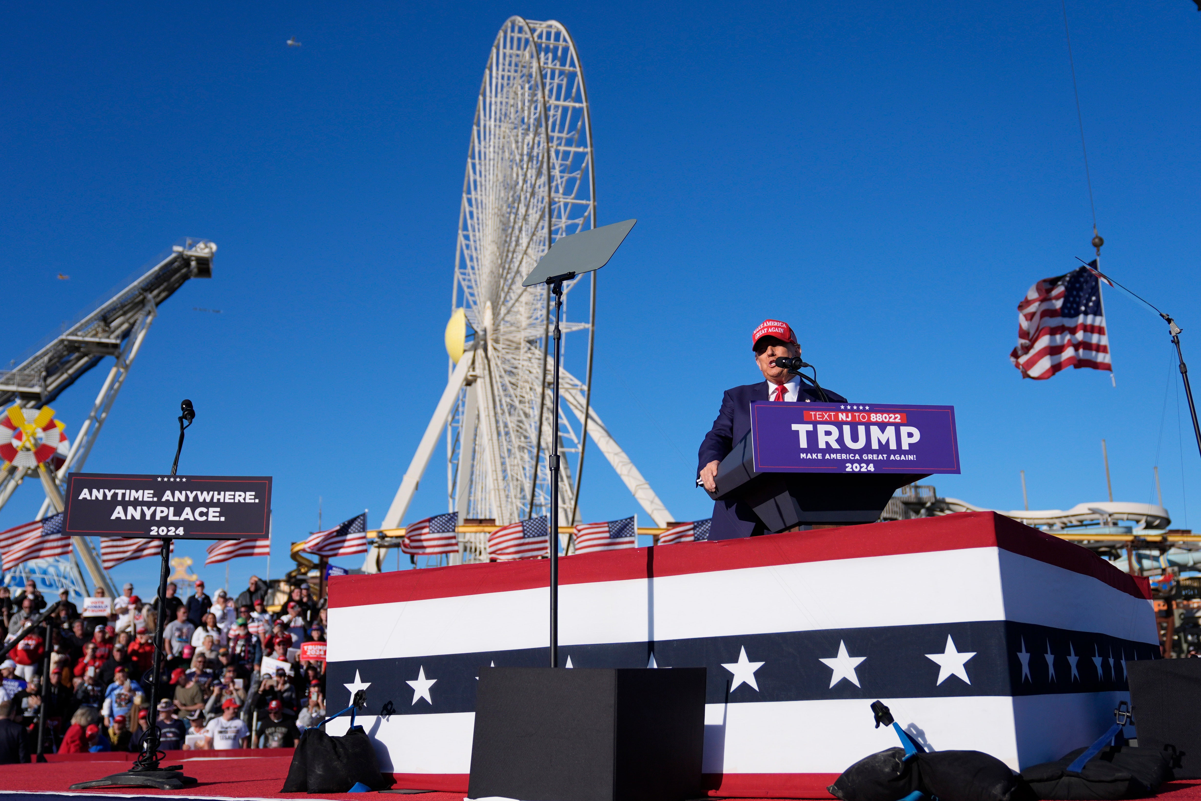 Republican presidential candidate former President Donald Trump speaks during a campaign rally in Wildwood, New Jersey