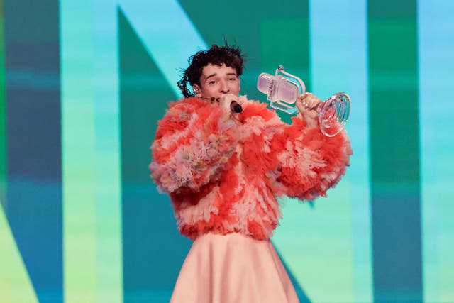 <p>Nemo representing Switzerland celebrates after winning during the Grand Final of the 2024 Eurovision Song Contest</p>