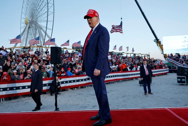 Republican presidential candidate former U.S. President Donald Trump leaves the stage after speaking during a campaign rally in Wildwood Beach on May 11, 2024 in Wildwood, New Jersey