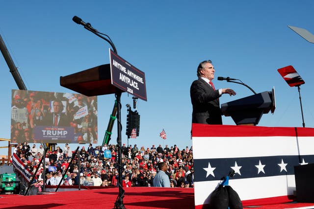 <p>North Dakota Governor Doug Burgum speaks at Donald Trump’s campaign rally in Wildwood, New Jersey on Saturday 11 May</p>