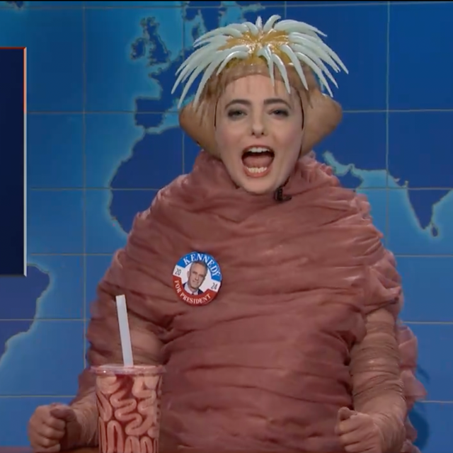 <p>Sarah Sherman donned an elaborate worm costume and slurped on a ‘brain drink’ as she revealed to Weekend Update host Colin Jost that she is a big fan of Independent candidate Robert F. Kennedy Jr </p>