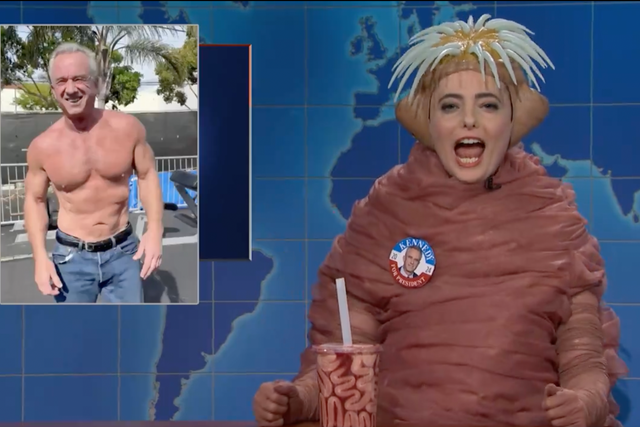 <p>Sarah Sherman donned an elaborate worm costume and slurped on a ‘brain drink’ as she revealed to Weekend Update host Colin Jost that she is a big fan of Independent candidate Robert F. Kennedy Jr </p>