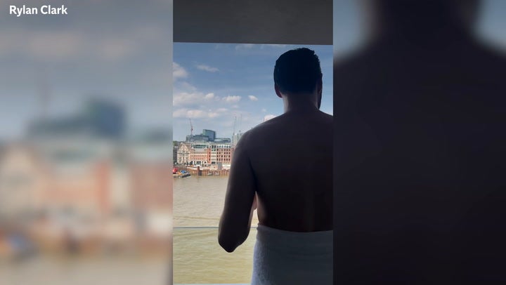 <p>Rylan Clark sips champagne wearing a towel as he gets Bafta ready following Eurovision return.</p>