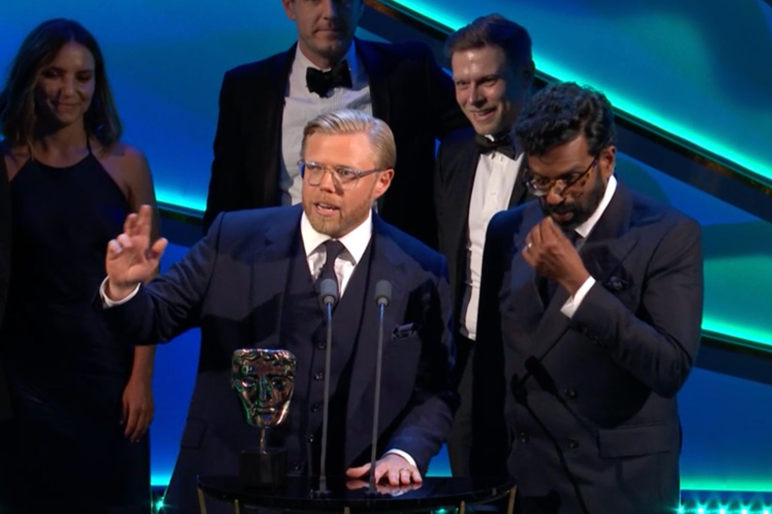 Bafta hosts Rob Beckett and Romesh Ranganathan collect their own Bafta, for Best Comedy Entertainment Programme