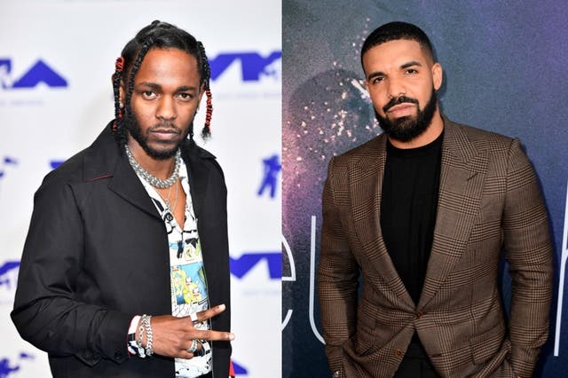 <p>Left, Kendrick Lamar, and right, Drake </p>