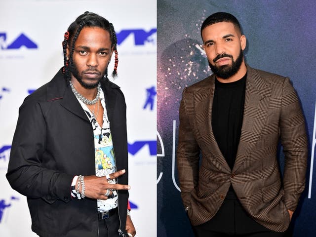 <p>Left, Kendrick Lamar, and right, Drake </p>