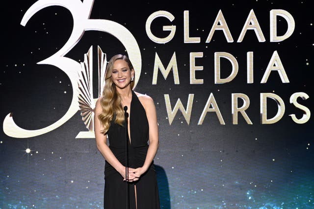 <p>Jennifer Lawrence speaks onstage during the 35th Annual GLAAD Media Awards </p>