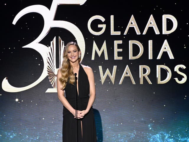 <p>Jennifer Lawrence speaks onstage during the 35th Annual GLAAD Media Awards </p>