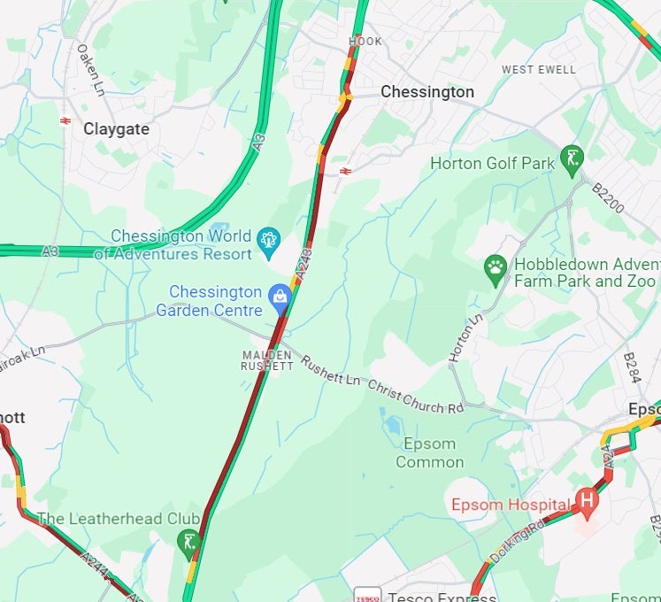 Traffic builds on the A243 near Junction 9 of M25 motorway