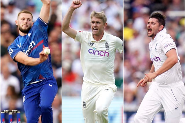 Gus Atkinson, Olly Stone and Josh Tongue, left to right, are among those hoping to fill the void in the England pace ranks (John Walton/Mike Egerton/Adam Davy/PA)