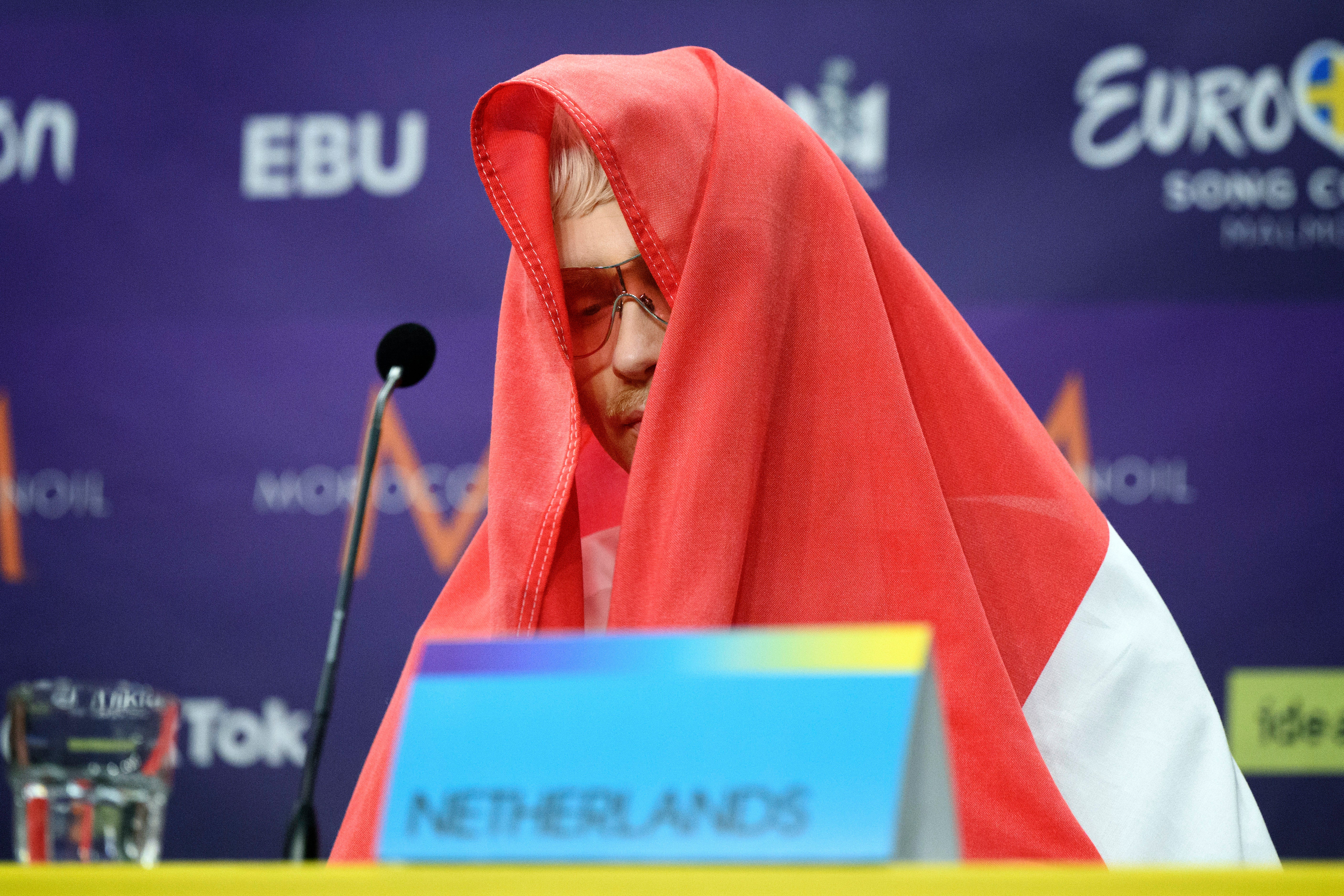 Joost Klein representing the Netherlands gestures, during a press conference after the second semi-final of the Eurovision Song Contest, at the Malmo Arena, in Malmo, Sweden