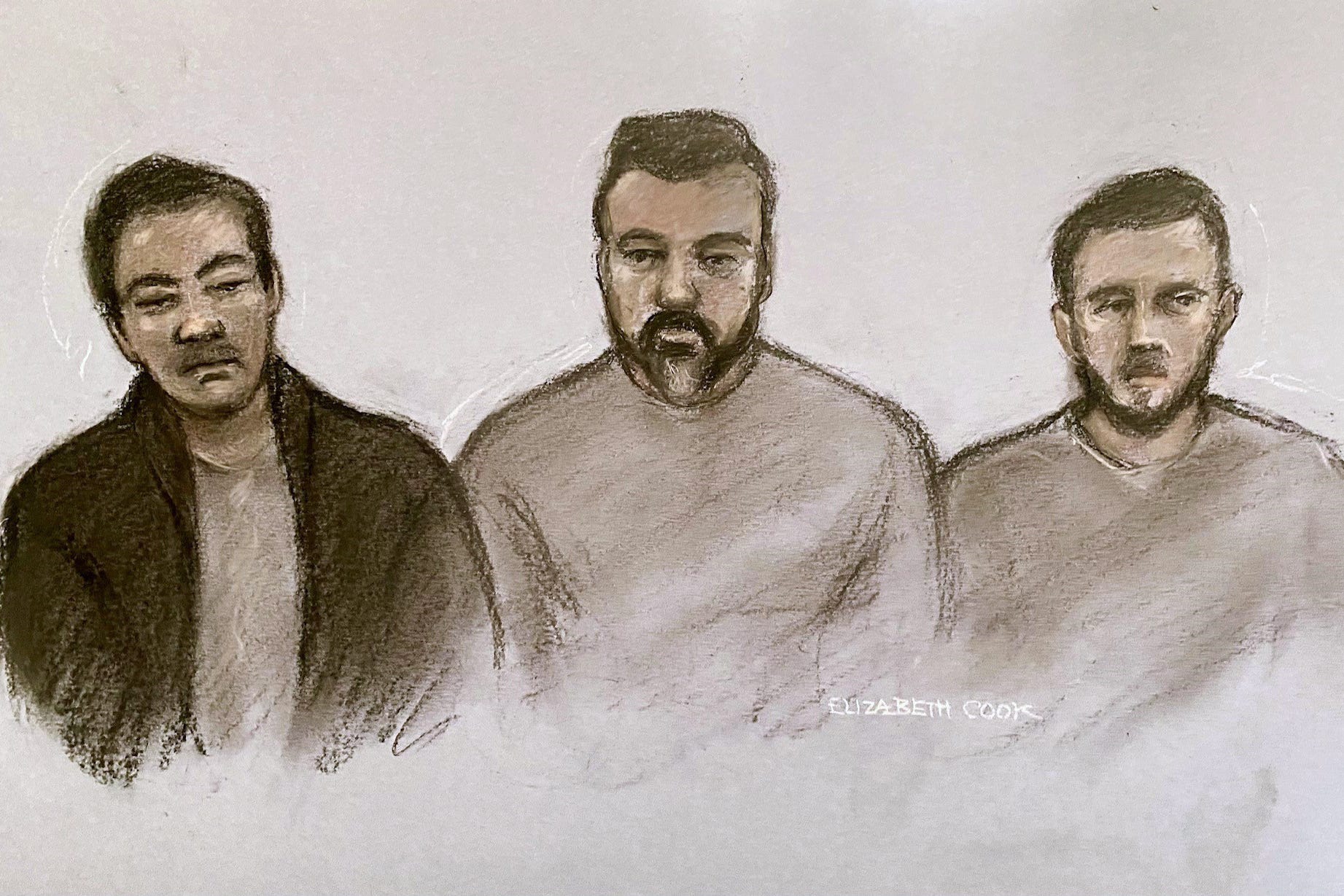 Sketch of, from left, Chung Biu Yuen, Chi Leung Wai, and Matthew Trickett appearing at Westminster Magistrates’ Court