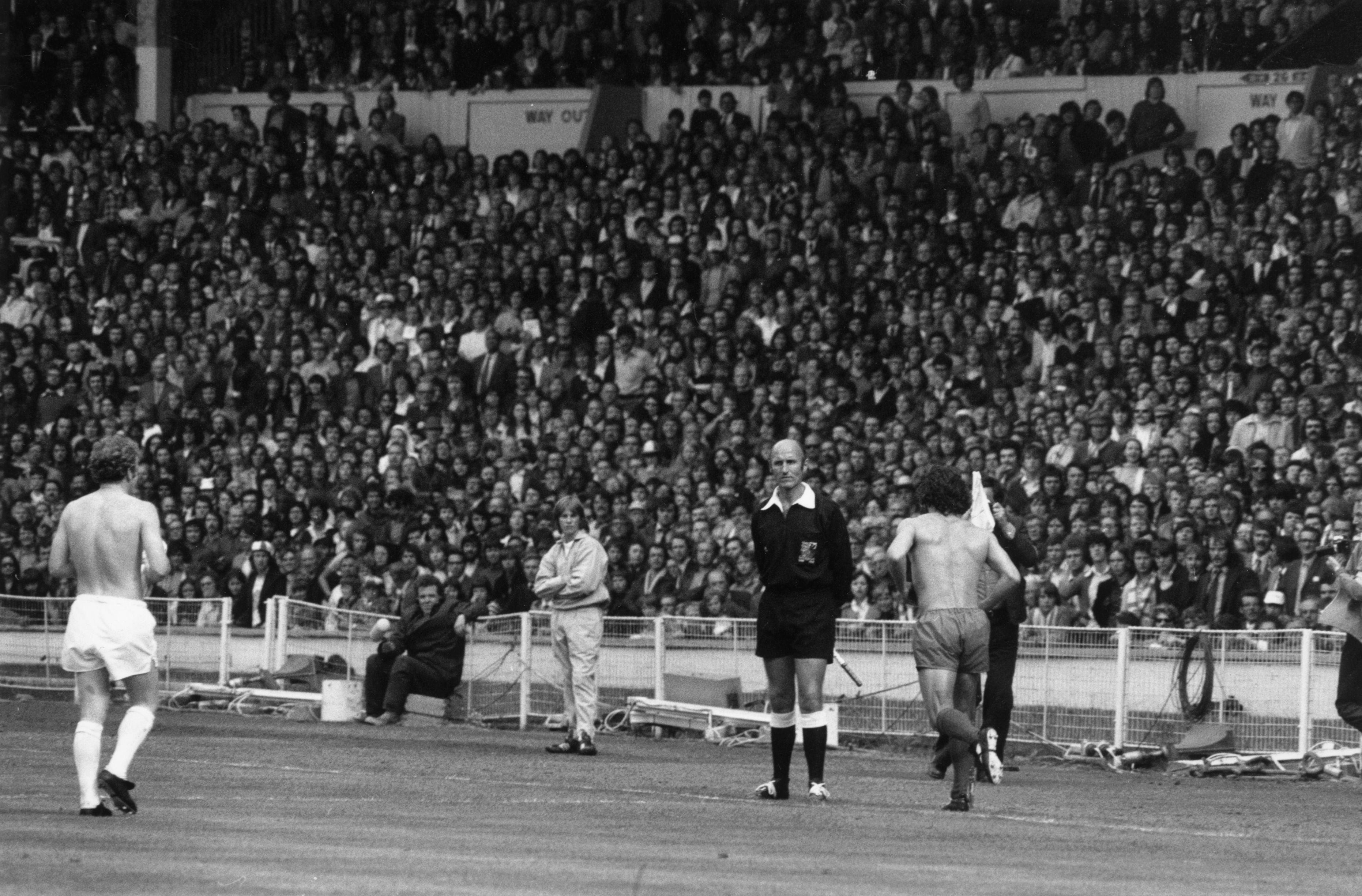 Billy Bremner and Keegan removed their shirts in protest at the red card in the Charity Shield match, in one of Wembley’s most iconic moments