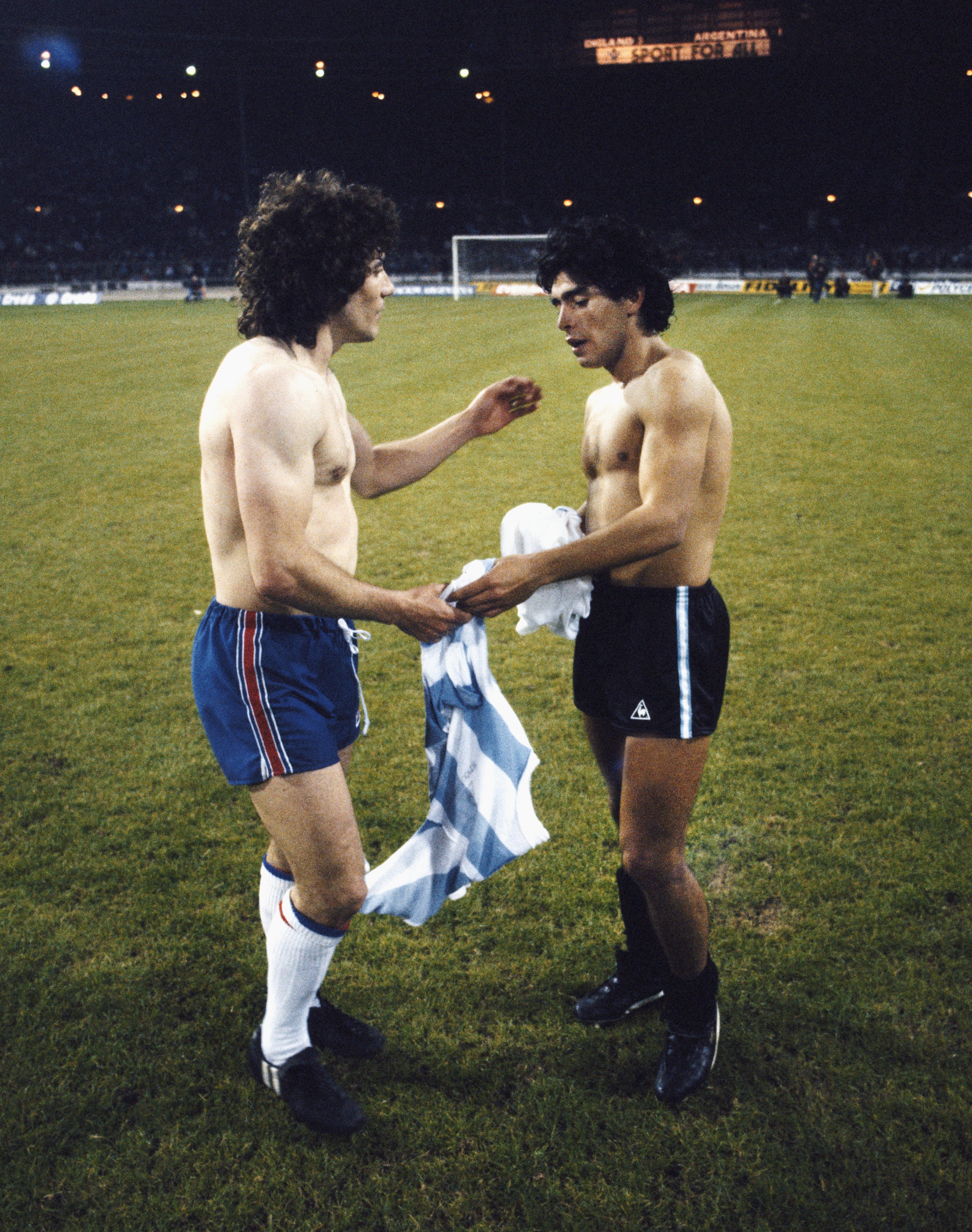 England captain Kevin Keegan exchanges shirts with a teenage Diego Maradona