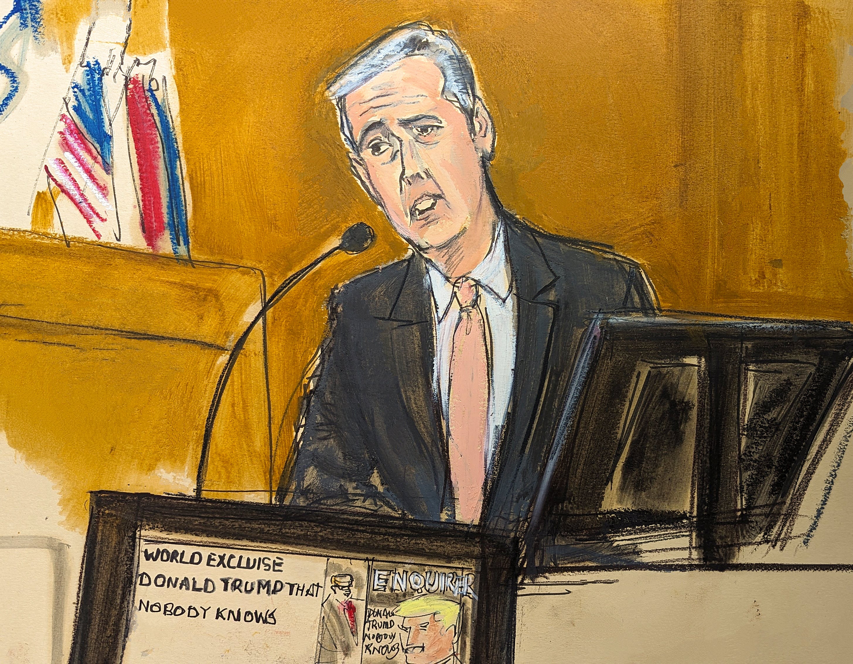 A courtroom sketch depicts Michael Cohen testifying during Donald Trump’s hush honey trial in Manhattan on 13 May.