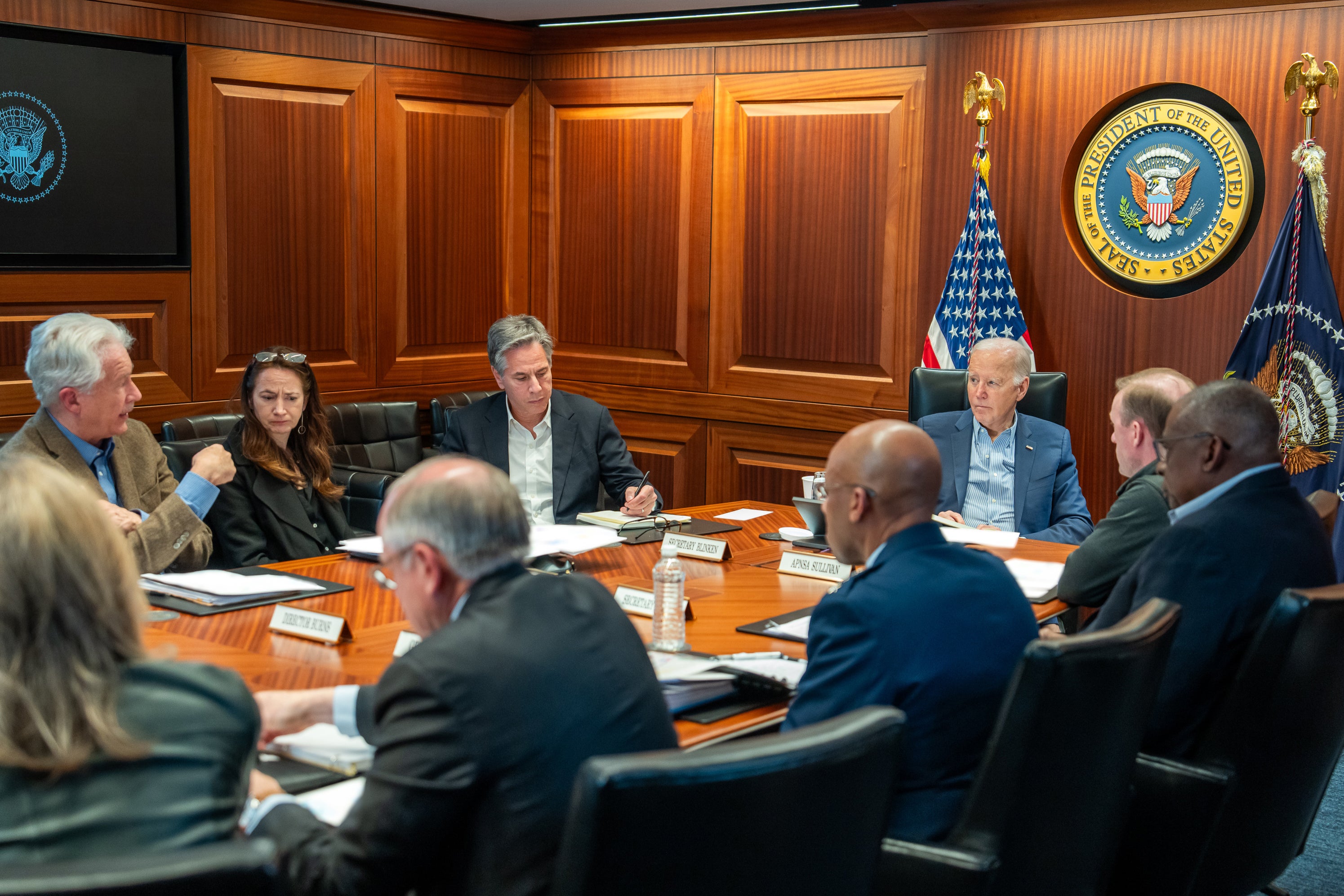 US president Joe Biden meets with members of the National Security team regarding the unfolding missile attacks on Israel from Iran on 13 April 2024 in the White House Situation Room in Washington, DC
