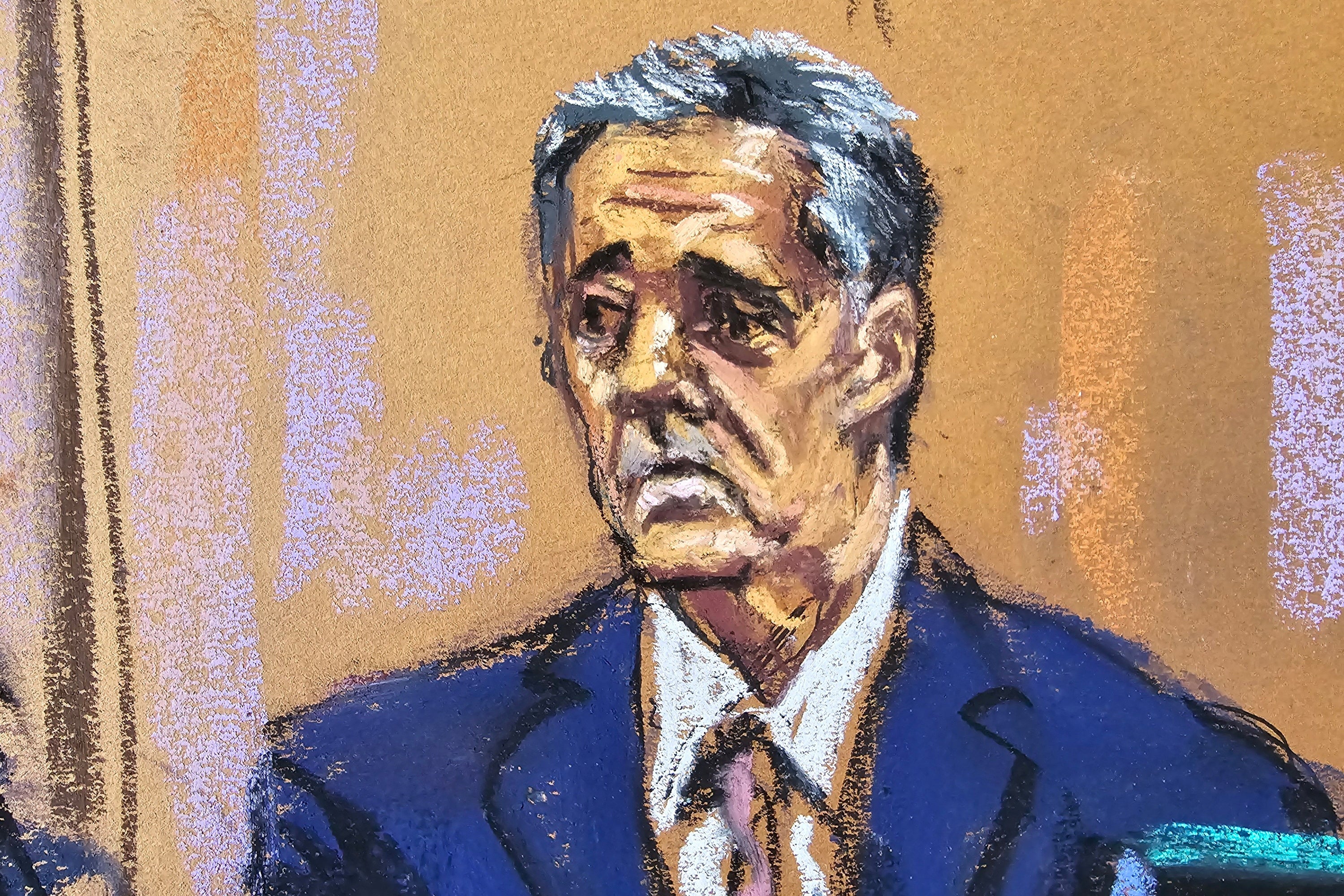 Michael Cohen seen in courtroom sketch as he is questioned by prosecutor Susan Hoffinger during Donald Trump's criminal trial on May 13 2024