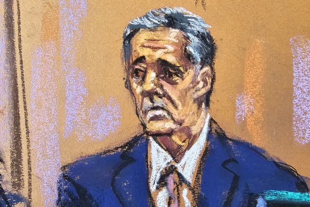 <p>Michael Cohen seen in courtroom sketch as he is questioned by prosecutor Susan Hoffinger during Donald Trump's criminal trial on May 13 2024</p>