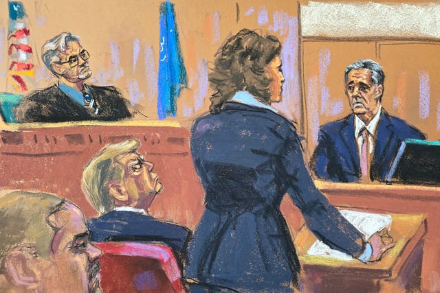 <p>Michael Cohen is questioned by prosecutor Susan Hoffinger before Justice Juan Merchan as former President Donald Trump sits with his eyes closed and New York County District Attorney Alvin Bragg watches</p>