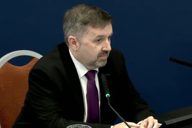 Health Minister Robin Swann, giving evidence to the UK Covid-19 Inquiry in Belfast (UK Covid-19 Inquiry/PA)