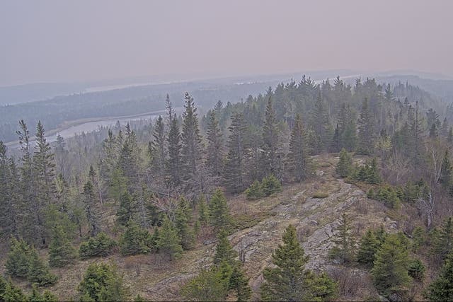 <p>A forest cam image of Isle Royale, Michigan on 12 May 2024. Thousands of residents are facing air quality alerts as wildfire smoke blows in from Canada</p>